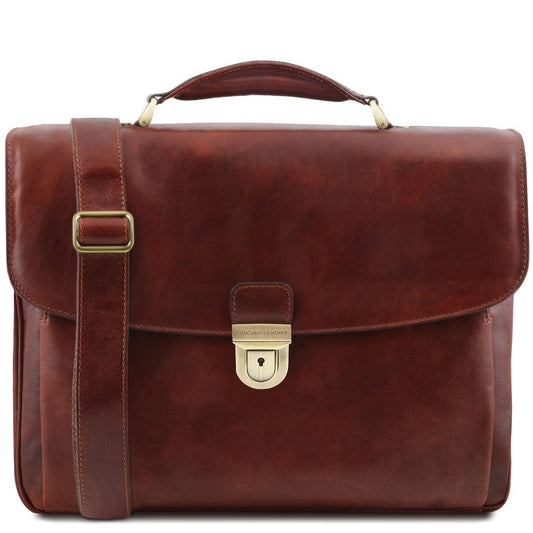 Leather briefcases Brown Alessandria - Matte leather multi compartment TL SMART laptop briefcase | TL142067 San Rocco Italia
