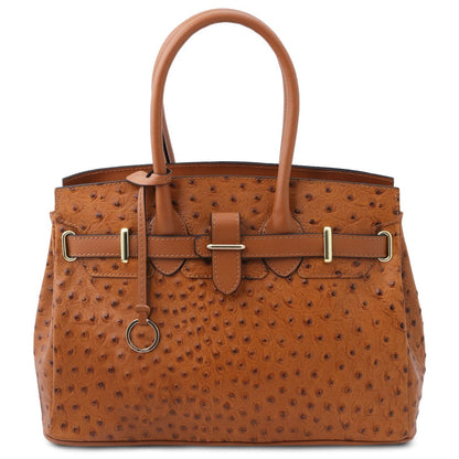 Leather handbags Cognac TL Bag - Handbag in ostrich-print leather | TL142120 San Rocco Italia
