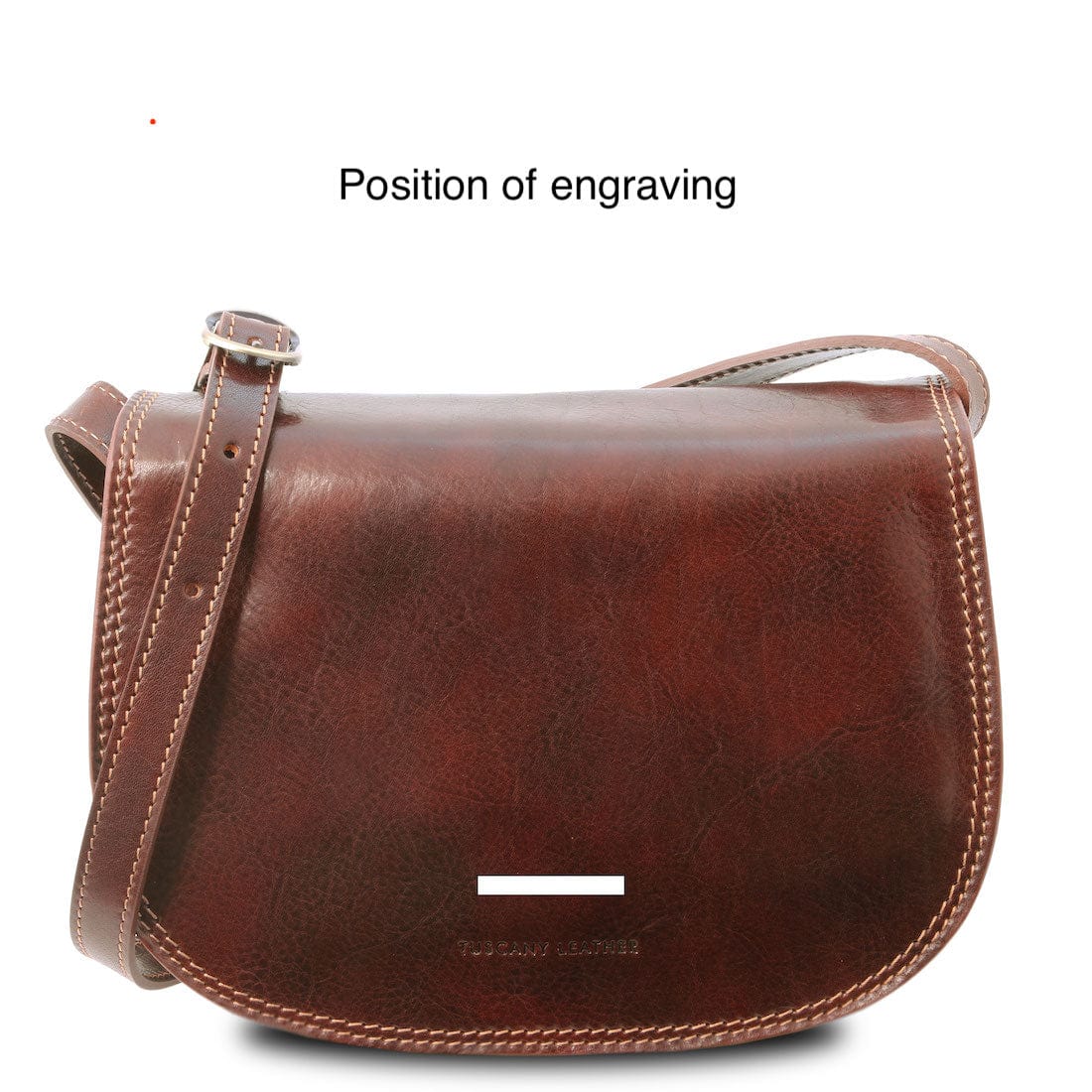 Isabella - Lady leather saddle bag | TL9031 in brown Italian leather with contrast stitching and adjustable strap on white background